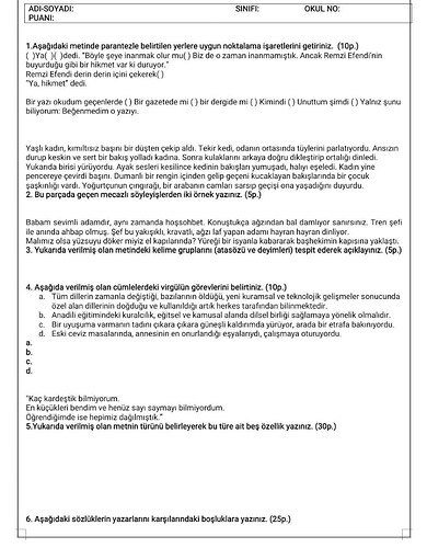 Türkçe dili dersi için hazırlanmış bir sınav kağıdı üzerinde noktalama işaretleri, cümlelerde virgülün görevleri ve metin türleri gibi konulara ait sorular bulunmaktadır. (Captioned by AI)
