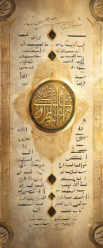 Islamic calligraphy showing Quran verses, spiritual light, golden letters, Arabic script on parchment, heavenly light beams