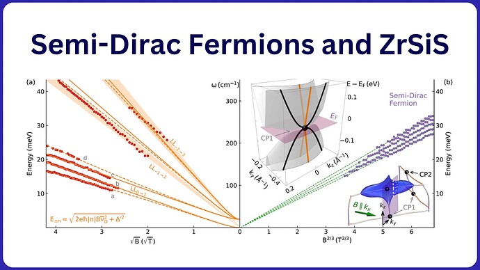 Bu görsel, Semi-Dirac fermiyonları ve ZrSiS malzemesinin enerji-büyüklük grafikleri ile dalga sayısı ilişkisini göstermektedir. (AI tarafından altyazılı)