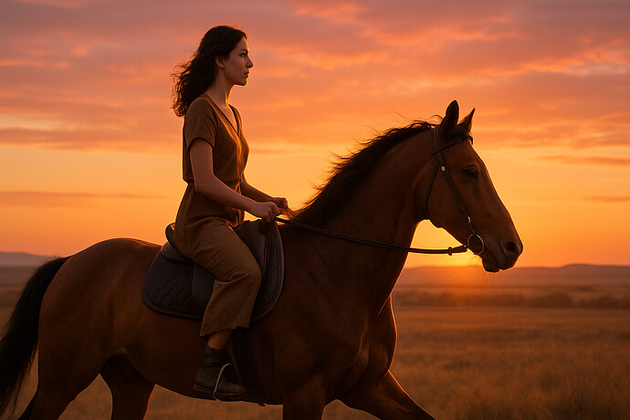 Photorealistic, realistic full-body side-profile of a woman riding a horse on a plain at sunset. Woman in modern clothing (flowing dress or casual outfit), face visible, natural expression, sitting confidently in the saddle. Horse detailed, muscular, mid-stride but calm, natural coat color (bay or chestnut). Warm golden-hour lighting, soft rim light on hair and horse, long shadows, cinematic composition. Wide 16:9 framing, high detail, shallow depth of field background with rolling plains and a colorful sunset sky (orange, pink, purple). Realistic textures (skin, fabric, horse hair), natural color palette, no text, no logos, no watermark.
