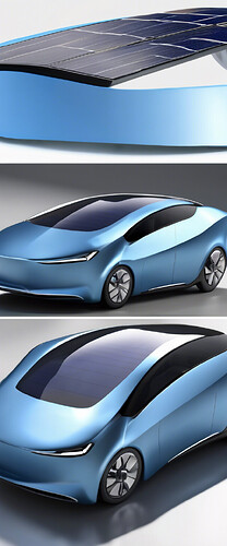 Solar powered car with sleek design, blue sky, sunshine, photovoltaic panels covering roof, modern engineering, clean energy technology, hyperrealistic