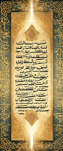 Islamic calligraphy showing Quran verses, spiritual light, golden letters, Arabic script on parchment, heavenly light beams