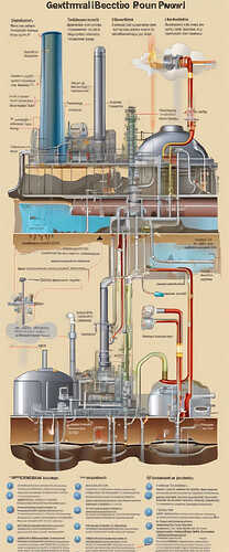 Detailed cross-section diagram of geothermal power plant, showing underground reservoir, production wells, injection wells, steam turbines, generators, technical illustration, educational