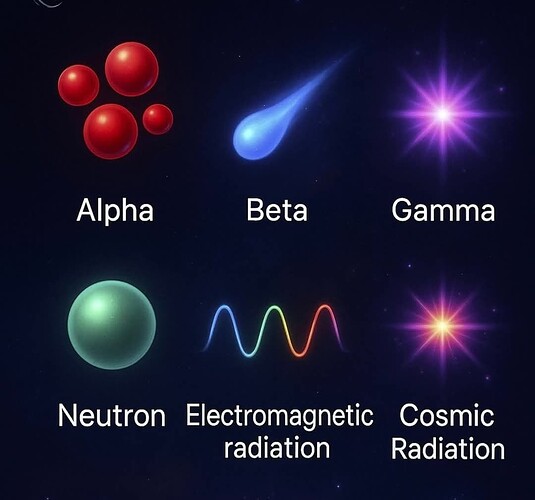 Görüntüde; "Alpha", "Beta", "Gamma", "Neutron", "Electromagnetic radiation" ve "Cosmic Radiation" olarak adlandırılan farklı atomik ve elektromanyetik radyoaktif parçacıkların ve türlerin temsili yer almaktadır. (AI tarafından altyazılı)