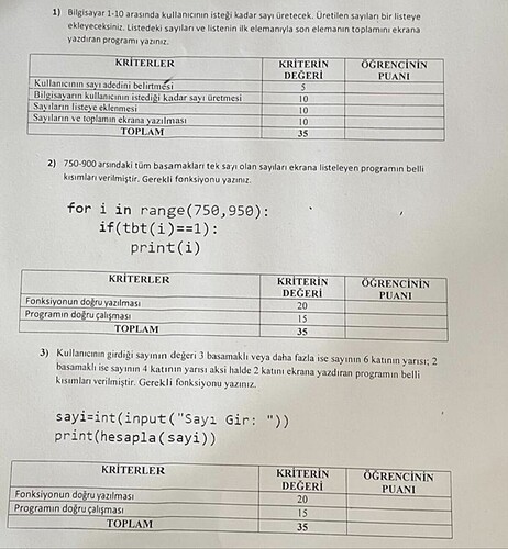 Bu görsel, bir programlama dersi veya sınavı için sorulan soruların ve değerlendirme kriterlerinin yazılı olduğu bir kağıdı göstermektedir. (Captioned by AI)