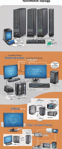 Technical illustration of Network Attached Storage (NAS) setup showing router, NAS device, computers, smartphones connecting to network, clean diagram style, labeled components