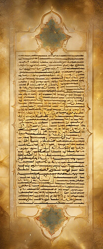 Islamic calligraphy showing Quran verses, spiritual light, golden letters, Arabic script on parchment, heavenly light beams