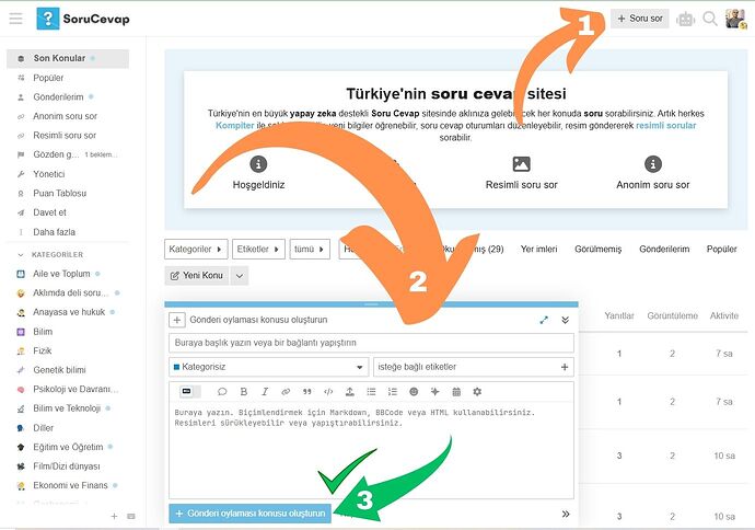 Görüntü, Türkiye'nin yapay zeka destekli Soru Cevap sitesinde yeni bir konu oluşturma işlemine yönelik bir arayüzü göstermektedir. (AI tarafından altyazılı)